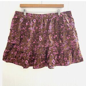 ARULA Brown & Pink Floral Tiered Ruffle Mini Skirt Elastic Waist Size A 14-16